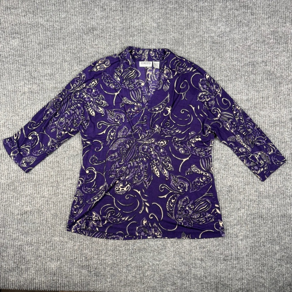 Vtg Y2K Chicos Travelers Top Womens 2/L Purple Paisley V Neck 3/4 Sleeve Stretch